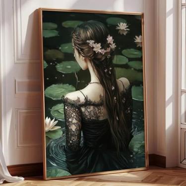 Imagem de Arte de parede feminina para piscina, imagem de flor de lótus rosa, pintura vitoriana, pôsteres florais de verão, estampas botânicas estéticas, fotos femininas, vintage, costas femininas, pintura