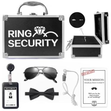 Imagem de Ring Security Porta-alianças de casamento para presente, 6 peças de caixa de anel com crachá, gravata borboleta, óculos de sol, fone de ouvido e cartão de missão, agente especial de segurança para
