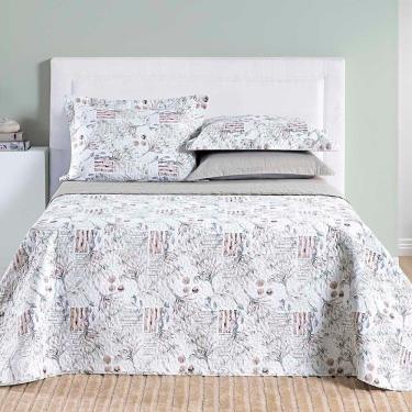 Imagem de Kit Cobre Leito Colcha Maggy Queen 3 Peças Dupla Face Percale 200 Fios Protea Floral Cinza