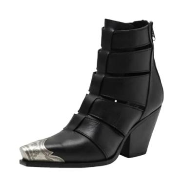 Imagem de keleimusi Botas femininas Western Cowgirl cano curto salto bloco empilhado bota cowboy bico aço salto curto bota pescador costas zíper botas ocidentais para mulheres, Preto, 38