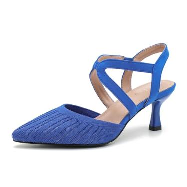 Imagem de Sapato feminino fechado de malha com salto baixo gatinho elástico tira no tornozelo bico fino slingback confortável vestido de festa de casamento, Azul royal, 38