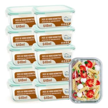 Imagem de Conjunto de 10 Potes de Vidro com Tampa Hermética, Marmita para Alimentos, 640ml, Trava de Segurança