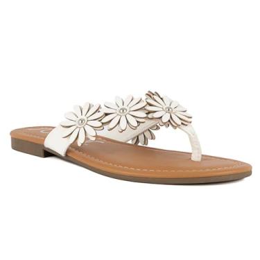 Imagem de Sugar Chinelo feminino de couro vegano com design floral adornado – sandálias de fio dental elegantes, perfeitas para uso casual, praia ou piscina, Branco, prata, 35