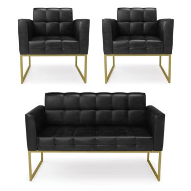 Imagem de Kit 1 Sofá Namoradeira e 2 Poltronas Elisa Corano Preto Base Metálica Industrial Dourado D03 - D'Rossi