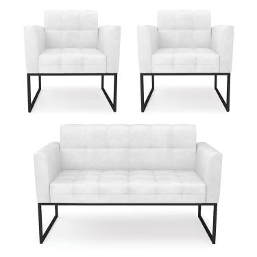 Imagem de Kit 1 Sofá Namoradeira e 2 Poltronas Elisa Corano Branco Base Metálica Industrial Preto D03 - D'Rossi