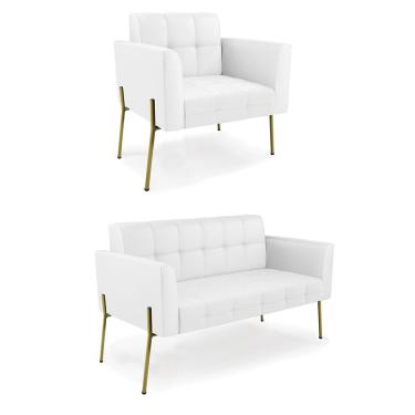 Imagem de Sofá Namoradeira e Poltrona Base Pé de Ferro Dourado Elisa Corino Branco D03 - D'Rossi