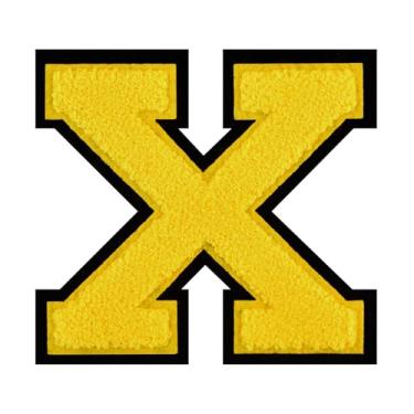 Imagem de 1 PÇ Patch de letra de chenille amarelo de 11,4 cm com borda preta – Remendos do alfabeto para roupas, jaquetas, mochilas, chapéus para decoração personalizada, nome personalizado e artesanato. (X)