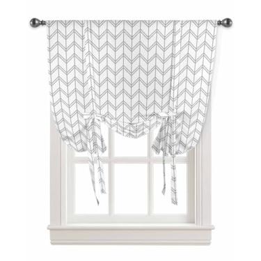 Imagem de Cortinas de amarrar para janelas padrão abstrato espinha de peixe ajustável sombra haste bolso balão saia para cozinha sala de estar, tratamento de janela em ziguezague cinza moderno branco, 1 painel