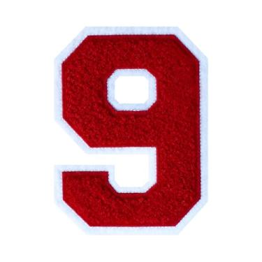 Imagem de 1 peça de patch de número de chenille vermelho de 11,4 cm com borda branca – Remendos do alfabeto para roupas, jaquetas, mochilas, chapéus para decoração personalizada, nome personalizado e artesanato