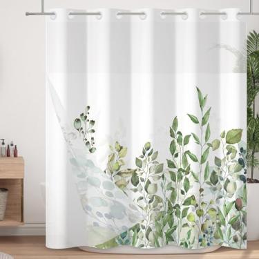 Imagem de Velaequezii Cortina de chuveiro sem gancho com forro de encaixe, cortina de banho com folhas de planta verde sálvia, camada dupla, tecido lavável à prova d'água com janela superior de malha