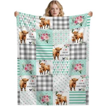 Imagem de Cobertor de vaca Highland, manta ultra macia de animais de fazenda para amantes de vacas, decoração de casa de fazenda com flores florais para cama/sofá/sofá, 101,6 cm x 127 cm - tamanho infantil