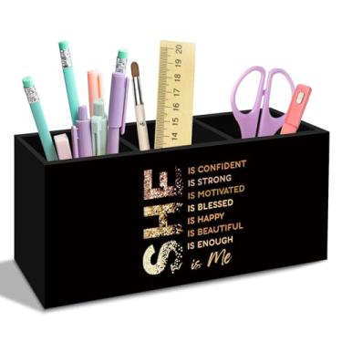 Imagem de nvucamd Porta-lápis de caneta de afirmações de ouro preto para mesa, acessórios inspiradores de mesa de autocuidado, organizador de suporte positivo para mulheres e meninas, She Is Me