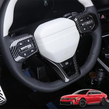 Imagem de Capas de volante de carro, painel de botão de volante, acabamento de moldura de proteção, capa de volante para acessórios KIA K4 GT 2024-2026 (padrão de fibra de carbono)