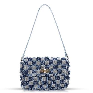 Imagem de QTKJ Bolsa de mão macia de tecido jeans, bolsa de axila com borlas, bolsa de ombro quadriculada para mulheres - férias, viagens e uso diário (escuro)