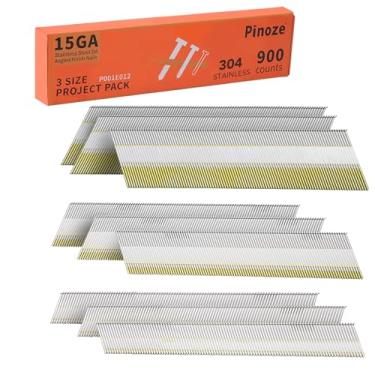 Imagem de PINOZE Pregos de aço inoxidável com acabamento angular DA calibre 15, 34 graus, pacote com 900 (2-1/5.1 cm, 5.1 cm, 1-1/10.2 cm 300 por tamanho), pacote de projetos de tamanhos variados, para pistola