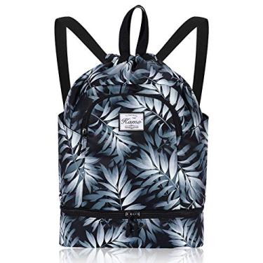Imagem de KAMO Mochila com cordão – Mochila esportiva para natação e ioga com compartimento para sapato, dois suportes para garrafa de água para homens e mulheres, mochila com cordão grande para viagens escolares, leaf, One Size