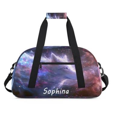 Imagem de Bolsa esportiva personalizada, animal, lobo, galáxia, universo com nome, bolsa de dormir personalizada, bolsa de fim de semana, bolsa de treino para dança, balé, academia, ginástica, mala, viagem