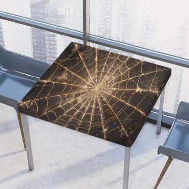 Imagem de hongjinglin Toalha de mesa quadrada para uso ao ar livre com borda elástica, capa de mesa quadrada com teia de aranha limpável, toalha de mesa dourada para decoração de cozinha para mesas de 86 x 86