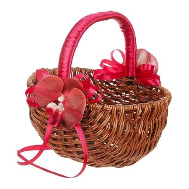 Imagem de Vaveren Cesta de vime sintético para daminha de honra, com alça, ideal para piqueniques, piqueniques e eventos ao ar livre com flores, com Flor Vermelha Rosa