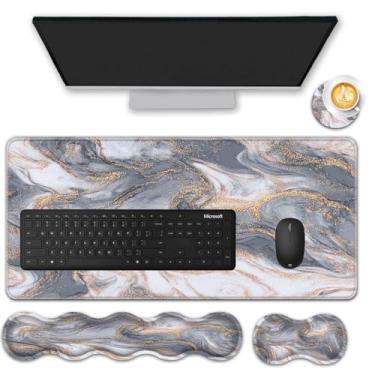 Imagem de FGDRFGRW Conjunto de mouse pad (31,5 × 11,8 cm) tapete de mesa + suporte de descanso de pulso para teclado + descanso de pulso para mouse + porta-copos para escritório, casa, computador, laptop - 4 mármore dourado cinza