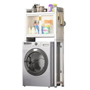 Imagem de SPXMQSS Unidade de armazenamento para máquina de lavar, armazenamento sobre vaso sanitário com porta, economia de espaço de banheiro independente com prateleira ajustável prateleira de armazenamento