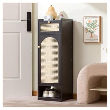 Imagem de SPXMQSS Sapateira vertical de bambu, sapateira estreita para entrada, prateleira independente com porta, armário de sapatos para entrada, corredor, quarto, preto, 7 níveis 31 x 31 x 94 cm