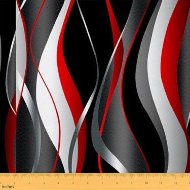 Imagem de Feelyou Tecido geométrico da The Yard, tecido de estofamento de linhas de tiras geométricas, arte abstrata moderna ao ar livre, estofamento luxuoso vermelho preto branco cinza para cadeiras, 3 metros,