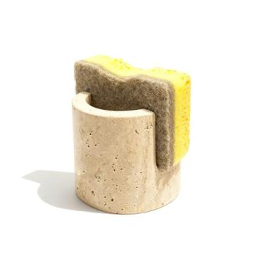 Imagem de Axiqunel Suporte de esponja de travertino natural para balcão de cozinha, escorredor de pratos de pedra natural, decoração de cozinha durável e elegante