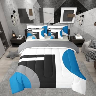 Imagem de Erosebridal Jogo de cama casal com estampa geométrica moderna, azul, branco, preto, 7 peças, para crianças, adolescentes, adultos, mulheres, quarto rústico e rústico