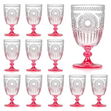 Imagem de XUWAIDSGN 12 peças de copos de vinho vintage de plástico 382 g copos de cálice em relevo rosa gradiente retrô copos de vinho com haste inquebrável champanhe copos de água para vinho, coquetel, suco