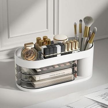 Imagem de Organizador de mesa com 3 gavetas, armazenamento de mesa multiuso com suporte de telefone e divisórias para papelaria, cosméticos, organização de casa e escritório, branco
