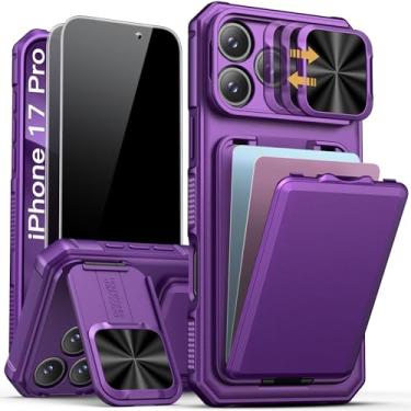Imagem de SSLOTSCASE Capa para iPhone 17 Pro com 2 protetores de tela de privacidade, suporte para cartão, suporte para câmera, suporte e capa de lente deslizante, capa protetora robusta de borda de silicone