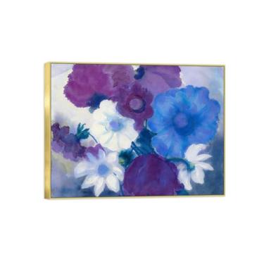 Imagem de Pintura de arte de parede de flores - imagem de decoração vintage - flores azuis brancas roxas - impressões em tela moldura dourada para sala de estar 50 x 65 cm 20 x 26 pol