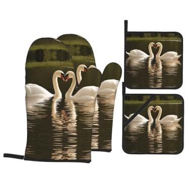 Imagem de Swan Green Leaves - Conjunto de luvas de cozinha estampadas com suportes de tampa, luvas de forno resistentes ao calor para manusear panelas quentes, grelhar, churrascos, kit de 4 peças.