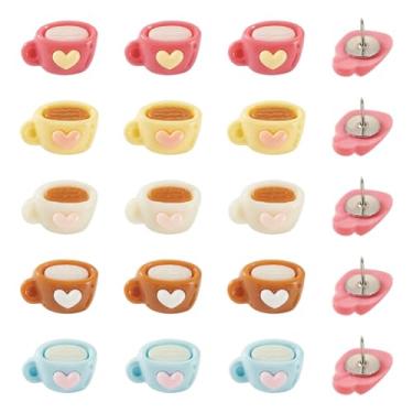 Imagem de Beadthoven 50 peças de pinos de café 5 estilos 17,3 mm café com tachinha de coração pinos de desenho fofos para fotos parede, mapas, quadro de avisos, decoração de escritório em casa, cores mistas