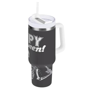 Imagem de STAYTOP Copo fofo de caveira de 850 g, feliz dia das bruxas, com tampa e canudo, à prova de vazamento, copo isolado de aço inoxidável durável com alça, garrafas de água à prova de derramamento para