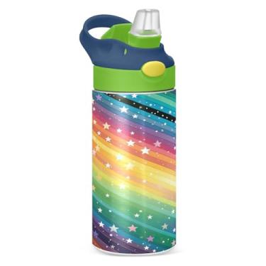 Imagem de Wassud Garrafa de água infantil isolada com tampas de palha, garrafas de água de aço inoxidável para crianças, 355 ml, listradas coloridas com estrelas