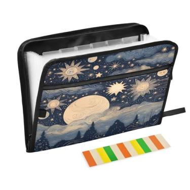Imagem de Wassud Organizador de arquivos sanfonado de estrelas e lua, 13 bolsos, pastas expansíveis com abas e adesivos, organizador de pastas de documentos de recibo de papel tamanho carta A4 para viagens de