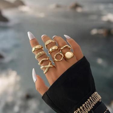 Imagem de Anéis grossos dourados empilháveis articulados conjunto de joias ajustáveis para mulheres, presentes de amizade, presentes para mulheres, dia dos namorados, Medium, Latão, Sem pedra preciosa