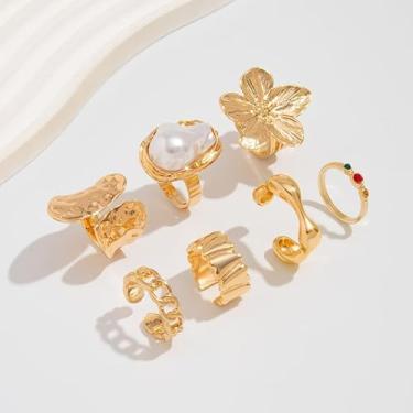Imagem de Conjunto de anéis dourados grossos para mulheres, flores empilháveis e estrelas do mar, joias ousadas para uso diário, presentes de amizade para mulheres dia dos namorados, Medium, Latão, Sem pedra
