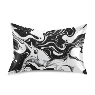 Imagem de Fronha de almofada de seda para pele e cabelo, extra macia, resistente a rugas e desbotamento com fecho de envelope (tamanho padrão, 76 x 50 cm) | Padrão de mármore preto e branco