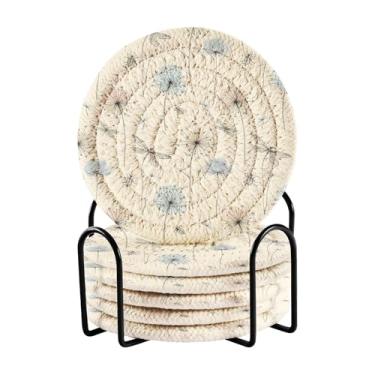 Imagem de GakkiGii Conjunto de 6 porta-copos redondos absorventes de dente-de-leão e libélula com suporte, porta-copos de tecido para mesa de centro, bar, decoração de cozinha