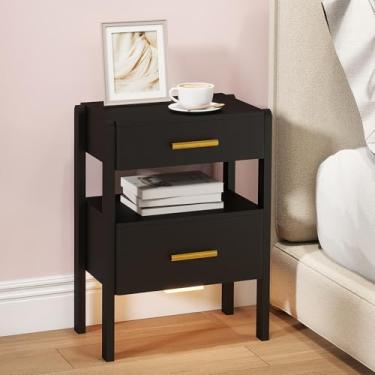 Imagem de Tltaroni Mesa de cabeceira com 2 gavetas e prateleira aberta, mesa de cabeceira de madeira, alças douradas, suporte noturno com luz para quarto, preto