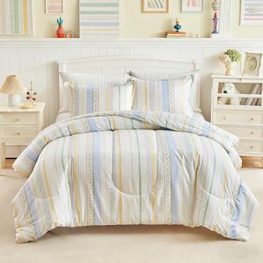 Imagem de Joyreap Conjunto de edredom King de algodão 3 peças, listras, boho, azul, amarelo, bege, macio, aconchegante, leve, conjunto de edredom para todas as estações - 254 x 223 cm