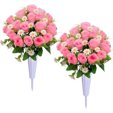 Imagem de Lodou Flores artificiais de cemitério, decorações de túmulos memoriais, rosas – conjunto de 2 buquês e 2 vasos que não desbotam, perfeito para o Natal, Dia dos Namorados, Memorial Day (rosa)