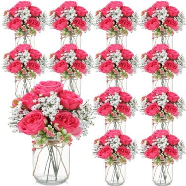 Imagem de Zeyune 12 conjuntos de decorações de mesa de centro de pedreiro, buquês de flores artificiais de peônia para bebê, flores falsas com vaso, presentes de decoração rústica para casa, casamento, feriado