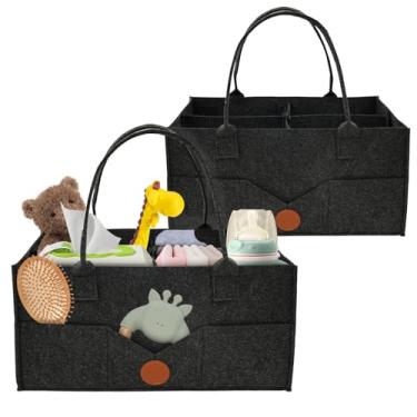 Imagem de Tcwhniev Organizador de fraldas com 2 peças para armazenamento de berçário, organizador de fraldas de feltro para bebês com divisórias, cesta de bebê portátil para meninos e meninas (cinza escuro)