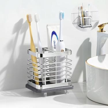 Imagem de Shinowa Suporte de escova de dentes montado na parede para banheiro, suporte de pasta de dentes elétrica de aço inoxidável com bandeja de secagem rápida, 2 compartimentos adesivos e organizador de