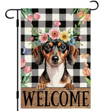 Imagem de DLZDN Spring Dachshund Bandeira de jardim floral para cães 30,5 x 45,7 cm, dupla face, vertical, serapilheira, quintal, sinalização sazonal, decoração ao ar livre