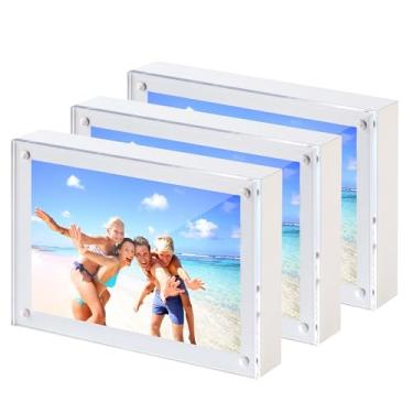 Imagem de UMICAL Moldura acrílica para fotos de 15 x 10 cm, pacote com 3 molduras transparentes, sem moldura, 10 x 15 cm, com frente magnética, transparente e painel de MDF branco, visor minimalista de parede